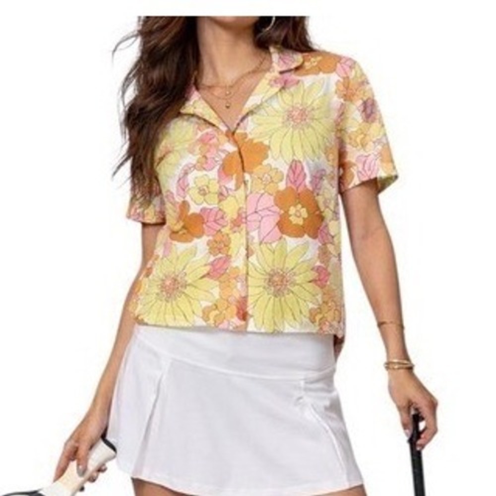 Smith & Quinn Womens Retro Floral Camp Shirt Golf Pickleball Tennis M